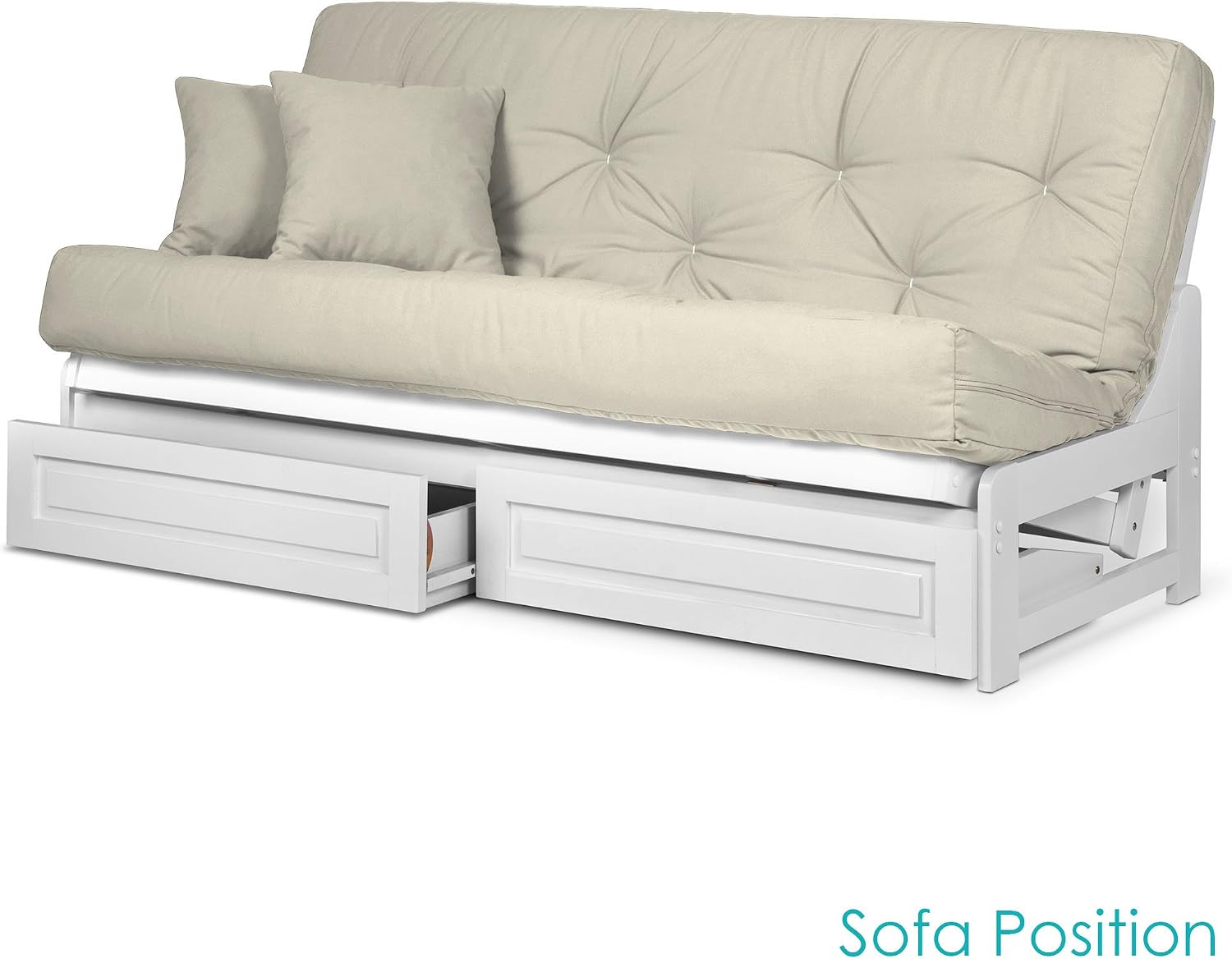 Nirvana Futons Arden White Futon with Storage Drawers Full or Queen Size - Space Saving Armless Design with Comfortable Mattress (Twill Ivory), Sofa Bed Available in