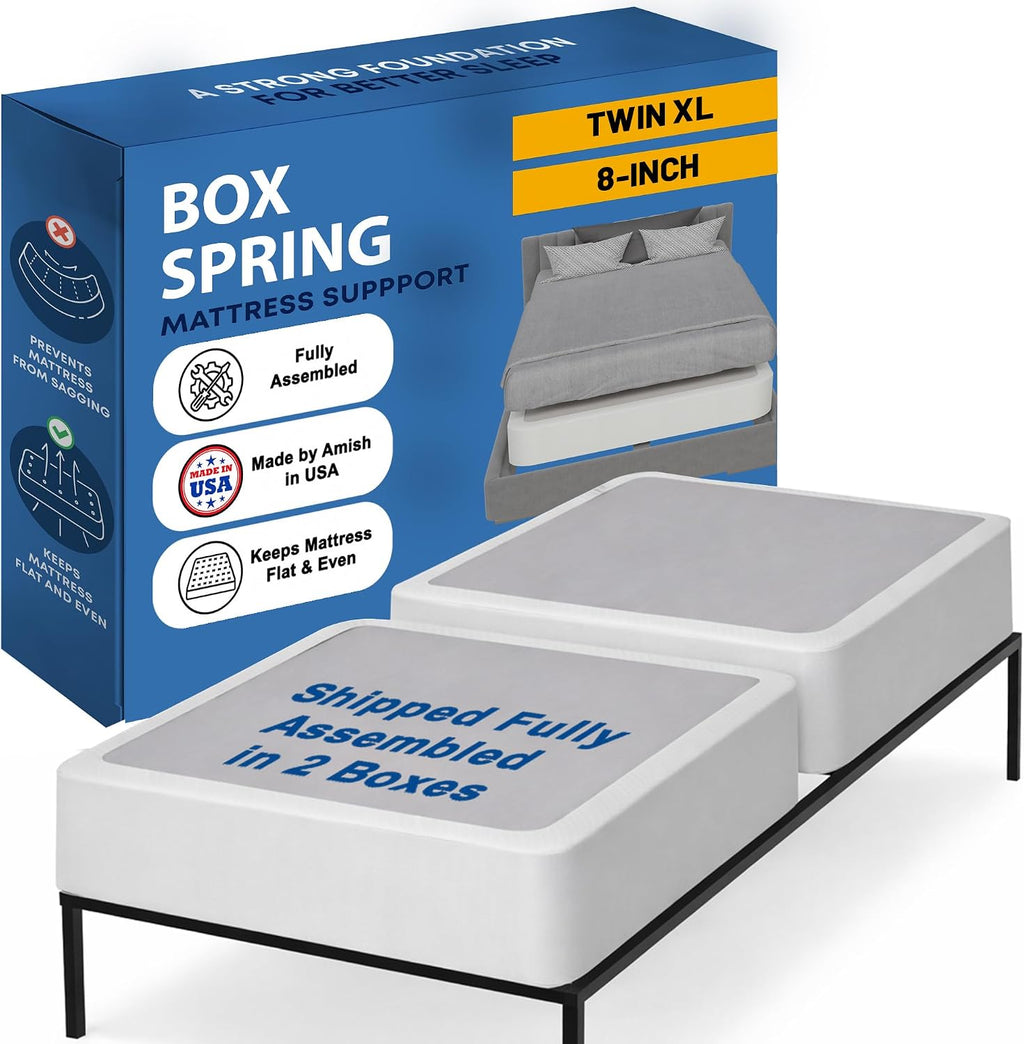 Greaton, Box Spring Bed Base Twin XL Size, 8-Inch Wood Mattress Foundation – Amish Made in USA – Quiet Noise Free, 2-Pieces Under Mattress-Support BoxSpring, Fully Assembled, White
