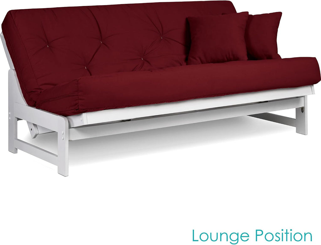 Nirvana Futons Arden White Futon Set Queen Size - Armless Futon Frame with Mattress Included (Twill Burgundy), Space Saving Modern Sofa Bed Sleeper