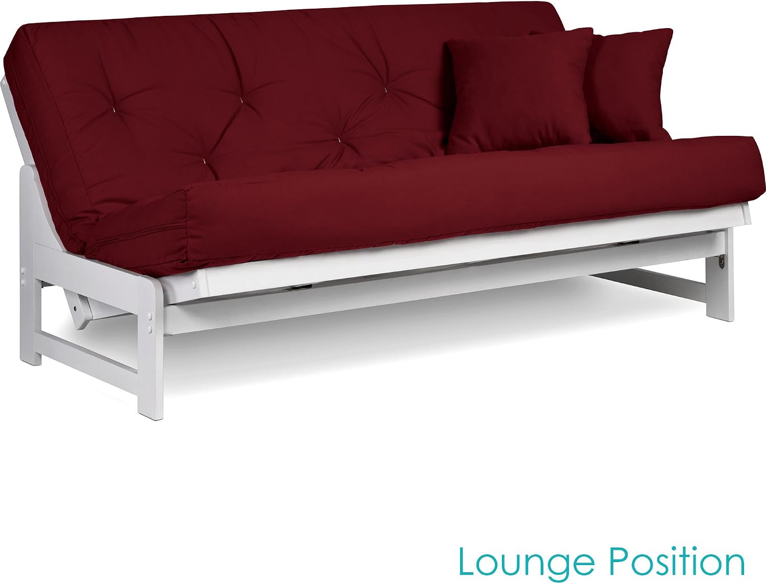 Nirvana Futons Arden White Futon Set Queen Size - Armless Futon Frame with Mattress Included (Twill Burgundy), Space Saving Modern Sofa Bed Sleeper