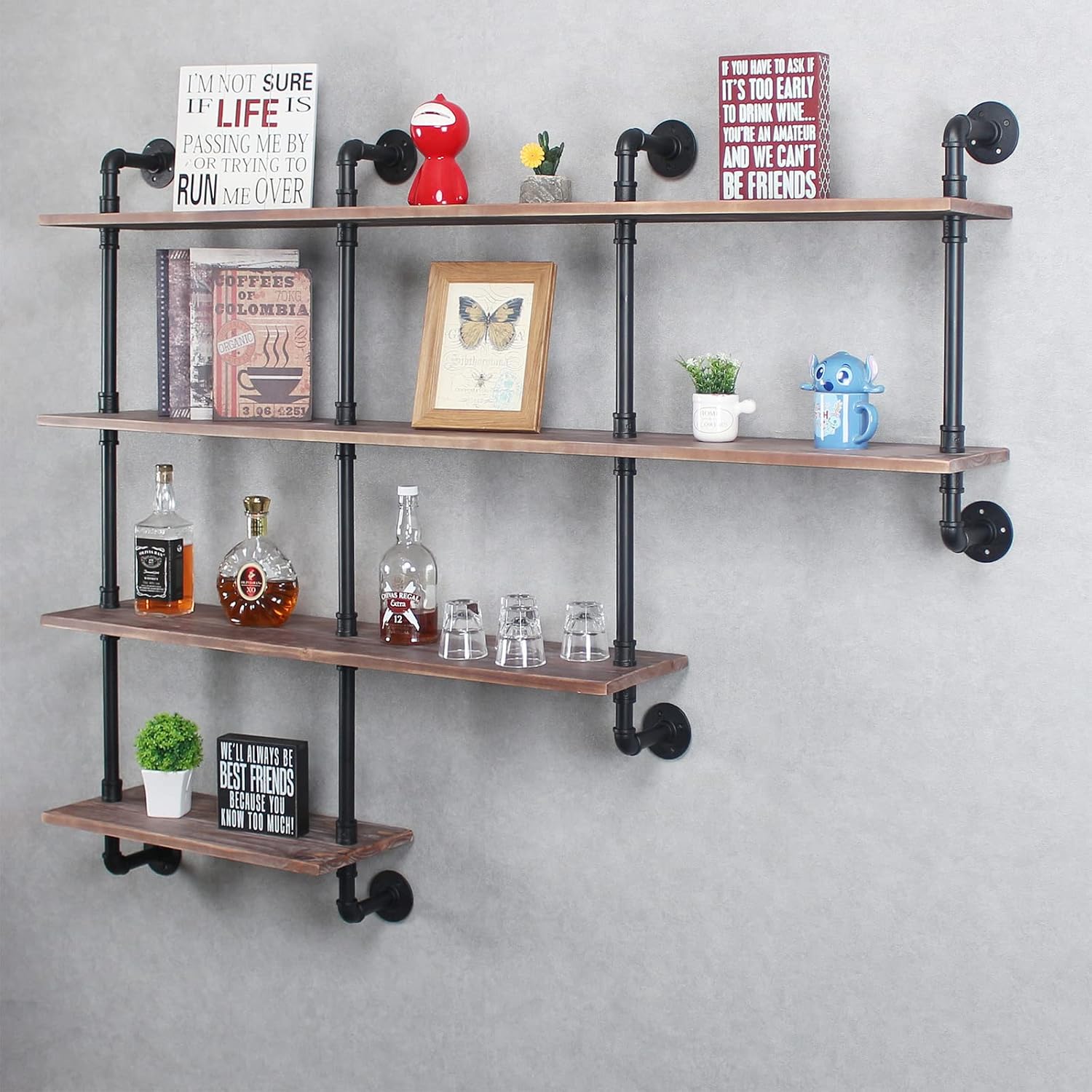 MBQQ 4-Tiers 63inch Industrial Pipe Shelving,Rustic Wooden&Metal Floating Shelves,Home Decor Shelves Wall Mount with Wine Rack,Decorative Accent Wall Book Shelf for Kitchen,Retro Brown