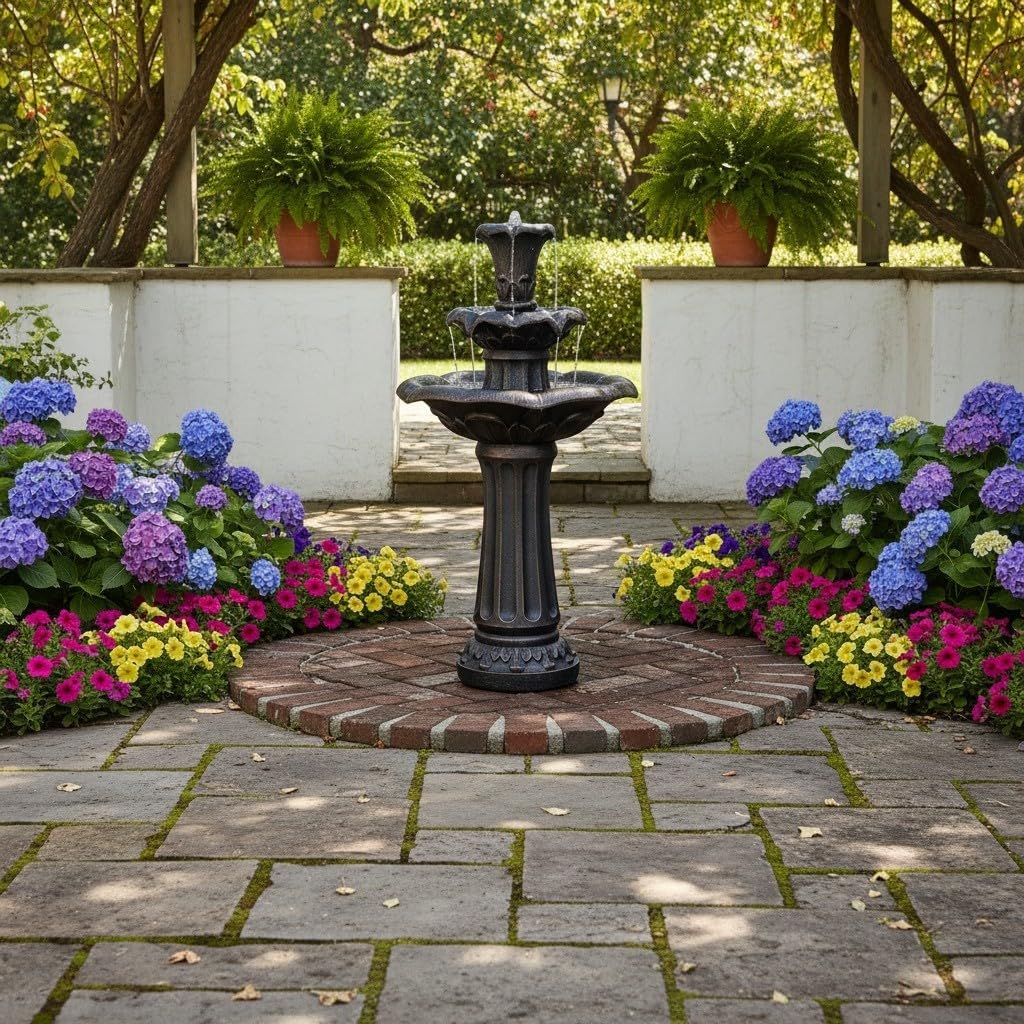 Teamson Home Lily Flower Floor Pedestal 3 Tiered Floor Waterfall Fountain with Pump for Outdoor Patio Garden Backyard Decking, 38 Inch Height, Dark Gray