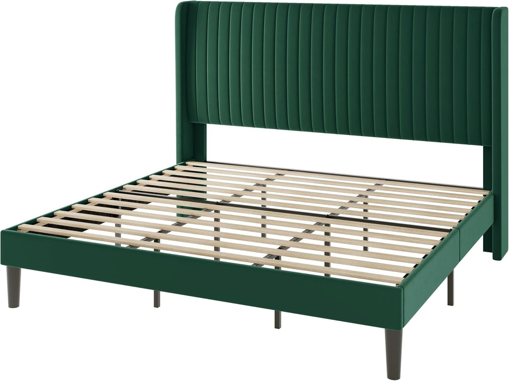Allewie King Size Bed Frame/Velvet Upholstered Platform Bed/Vertical Channel Tufted Wingback Headboard/Strong Wooden Slats/No Box Spring Needed/Easy Assembly/Green