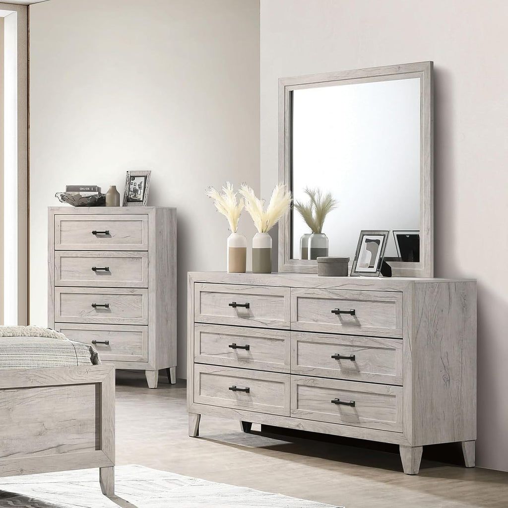 MASARA 5-Piece Contemporary Bedroom Set, Queen Size with Lighted Headboard Shelves, White Wash Finish.