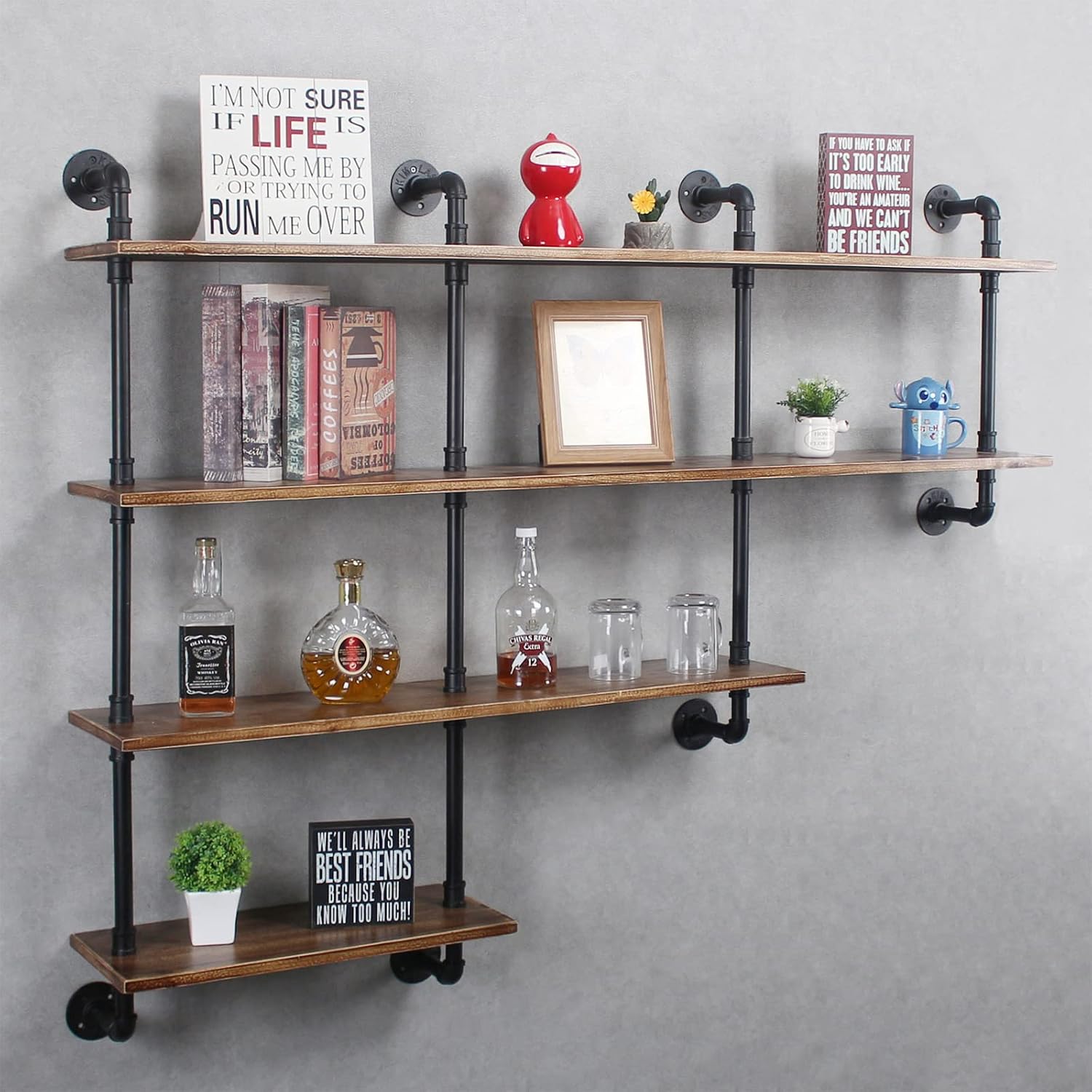 MBQQ 4-Tiers 63inch Industrial Pipe Shelving,Rustic Floating Shelves,Shelves Wall Mount with Wine Rack,Decorative Accent Wall Book Shelf for Kitchen or Office Organizer,Brown