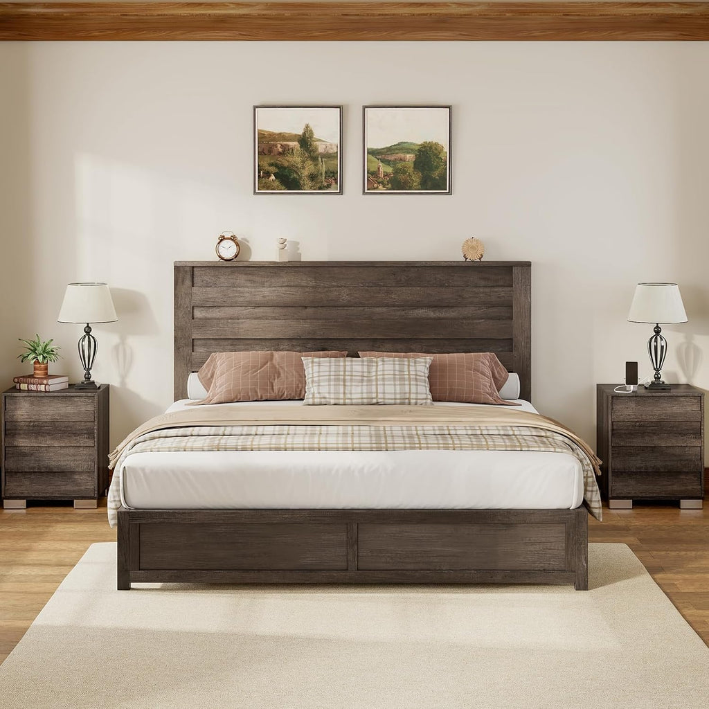 Albott 3 Piece Bedroom Set, Including Farmhouse Full Size Bed Frame with Slatted Headboard, Nightstands Set of 2 with Charging Station for Bedroom, Rustic Grey