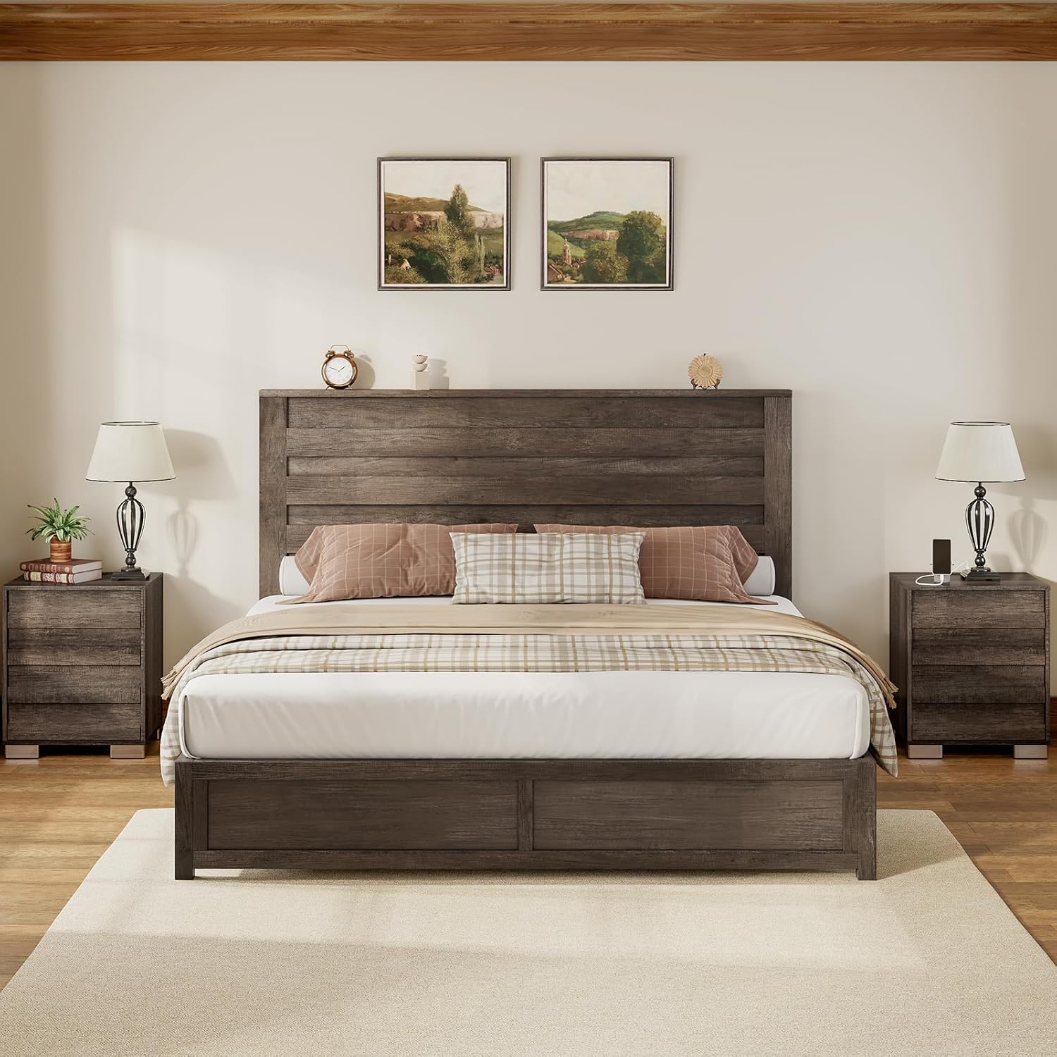 Albott 3 Piece Bedroom Set, Including Farmhouse Full Size Bed Frame with Slatted Headboard, Nightstands Set of 2 with Charging Station for Bedroom, Rustic Grey
