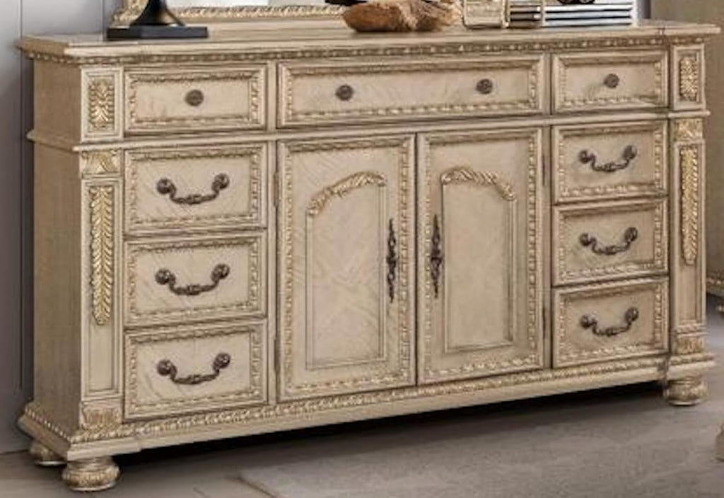 First of a Kind Carolina Gold Finish Traditional 5 Piece Queen Bedroom Set with Upholstered Tufted Headboard Ornate European Inspired Design Coordinated Furniture Collection