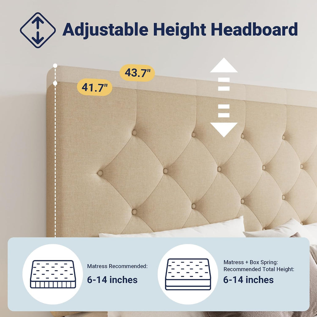 Allewie Upholstered Queen Size Platform Bed Frame with 4 Storage Drawers and Headboard, Diamond Stitched Button Tufted, Mattress Foundation with Wooden Slats Support, No Box Spring Needed, Beige