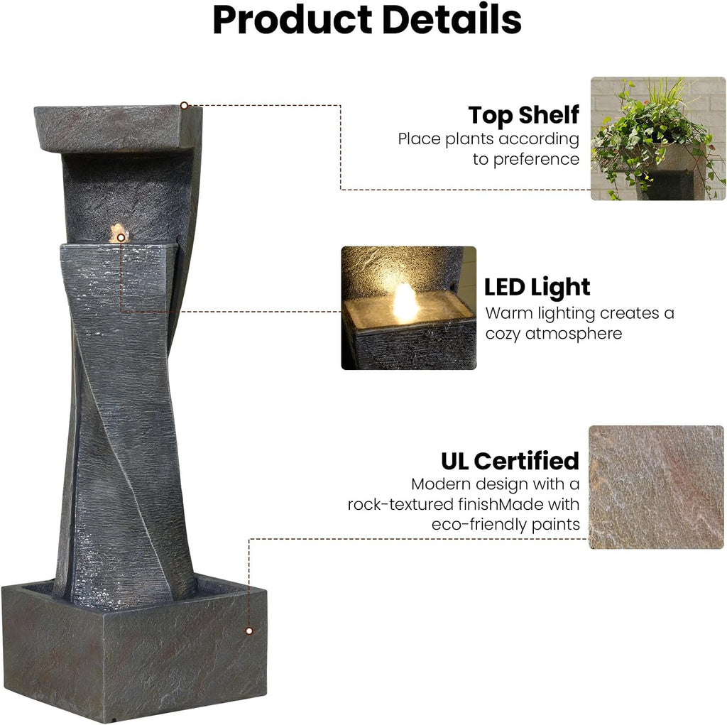47.2' H Garden Fountains Outdoor Modern Water Fountain Indoor Floor Standing Large Waterfall with LED Lights and Pump for Patio Decor, Yard Decorations