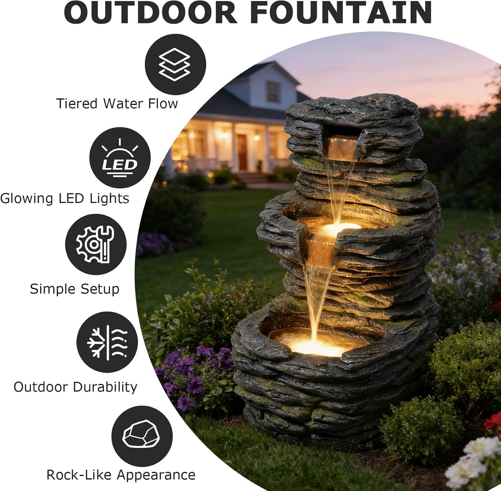 28.8' Tall Rock Water Fountain Outdoor Garden, 3-Tiers Cascading Rock Natural Waterfall Fountains with LED Lights, Indoor Resin Water Feature Fountain for Patio, Backyard, Deck, Porch