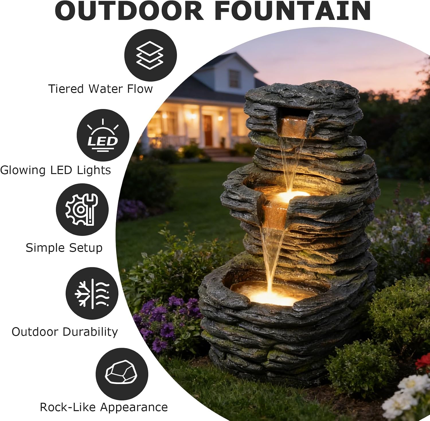 28.8' Tall Rock Water Fountain Outdoor Garden, 3-Tiers Cascading Rock Natural Waterfall Fountains with LED Lights, Indoor Resin Water Feature Fountain for Patio, Backyard, Deck, Porch