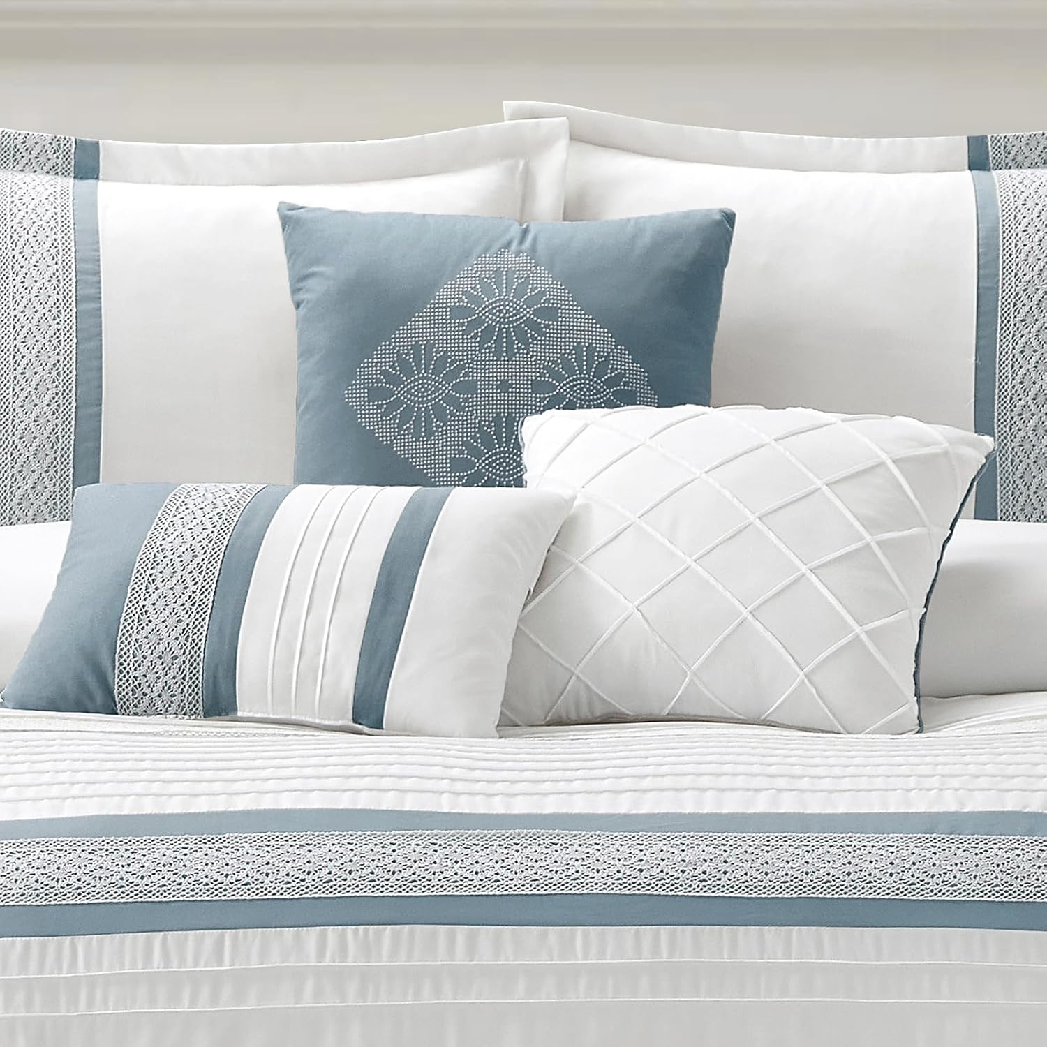 LANCO MODERN LIFESTYLE 7 Piece Comforter Set, Blue White, Queen Size, Boho Style Geometric Microfiber Embroidery, Bed in a Bag with Bedskirt, Pillow Shams and Decor Pillows