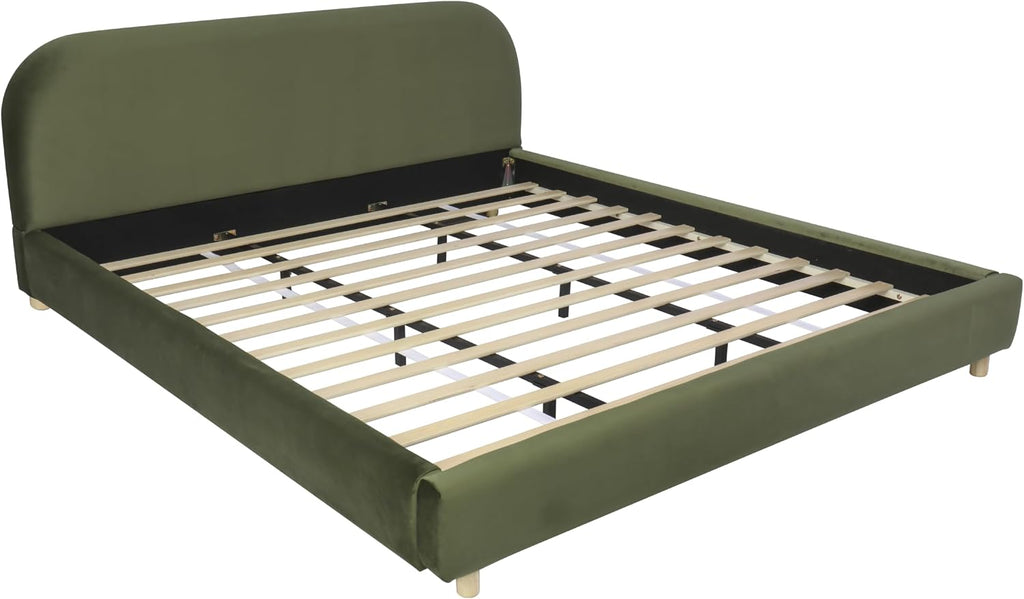 King Size Platform Bed with Curve-Shaped Design Headboard, Velvet Fabric Upholstered Platform Bed with Strong Support, Modern Bed Frame, No Box Spring Needed, Easy Assembly (Olive Green,King,8)