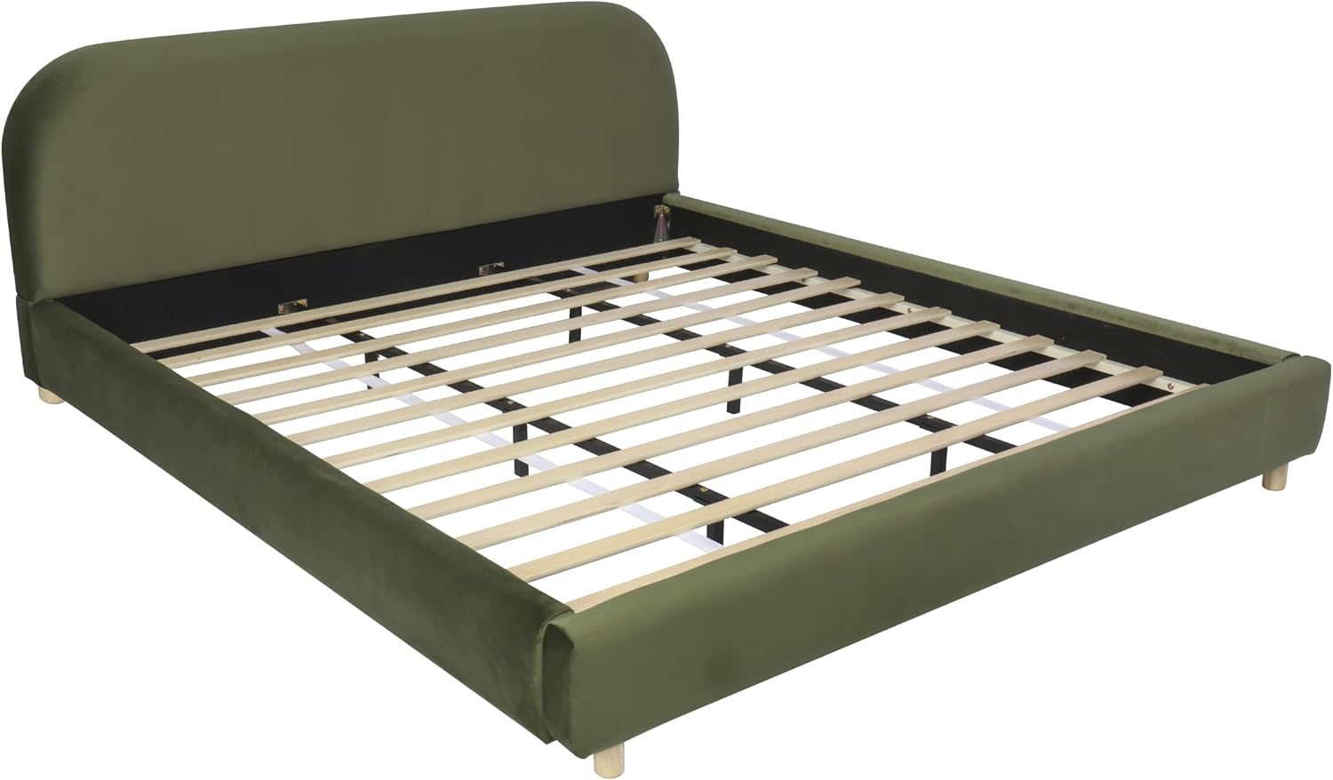 King Size Platform Bed with Curve-Shaped Design Headboard, Velvet Fabric Upholstered Platform Bed with Strong Support, Modern Bed Frame, No Box Spring Needed, Easy Assembly (Olive Green,King,8)