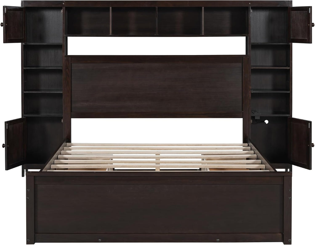 Harper & Bright Designs Espresso Queen Size Platform Bed with All-in-One Cabinet, Shelf and Sockets, Wooden Beds with 4 Storage Drawers, Queen Bed Frame for Bed Room, No Box Spring Needed