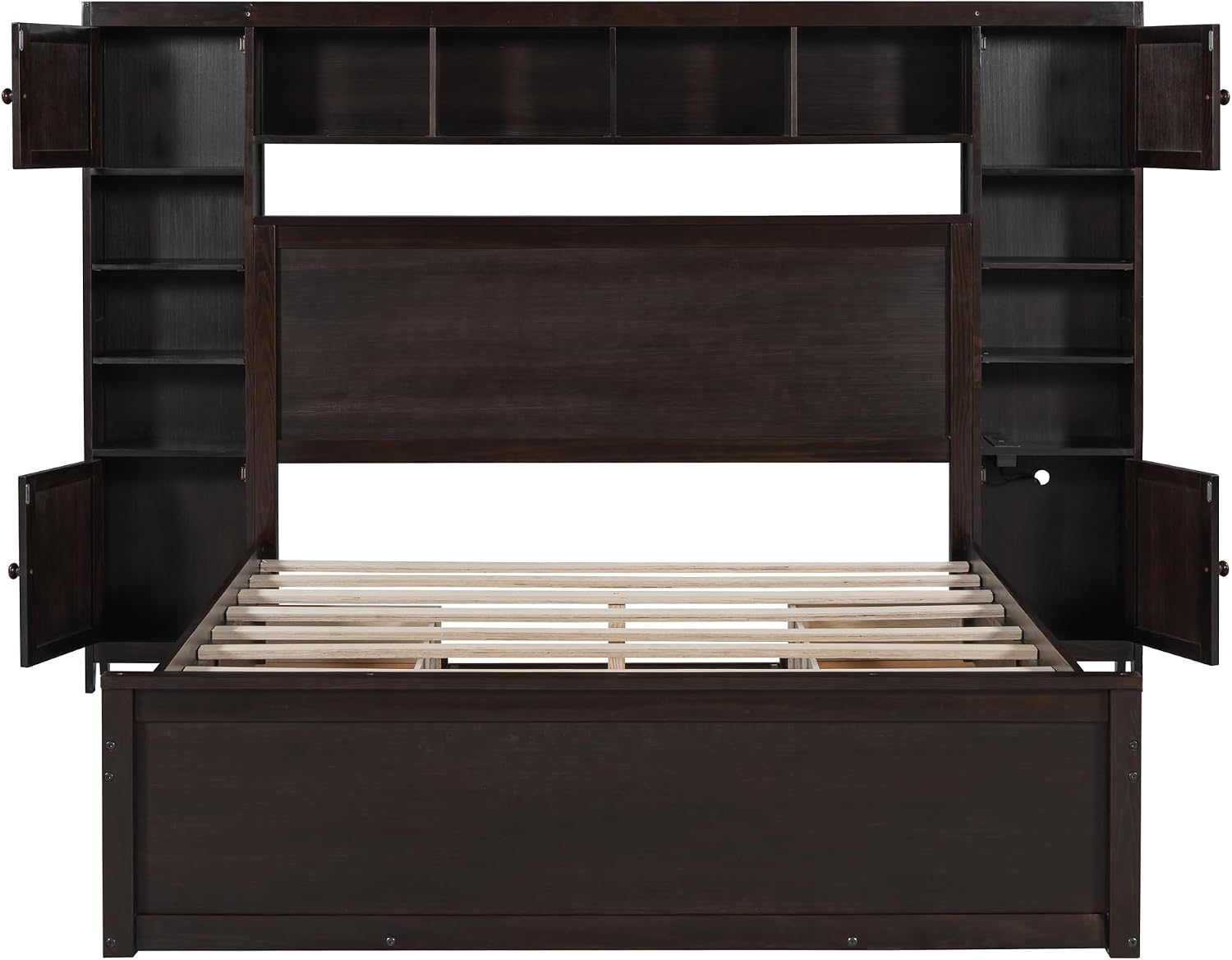 Harper & Bright Designs Espresso Queen Size Platform Bed with All-in-One Cabinet, Shelf and Sockets, Wooden Beds with 4 Storage Drawers, Queen Bed Frame for Bed Room, No Box Spring Needed
