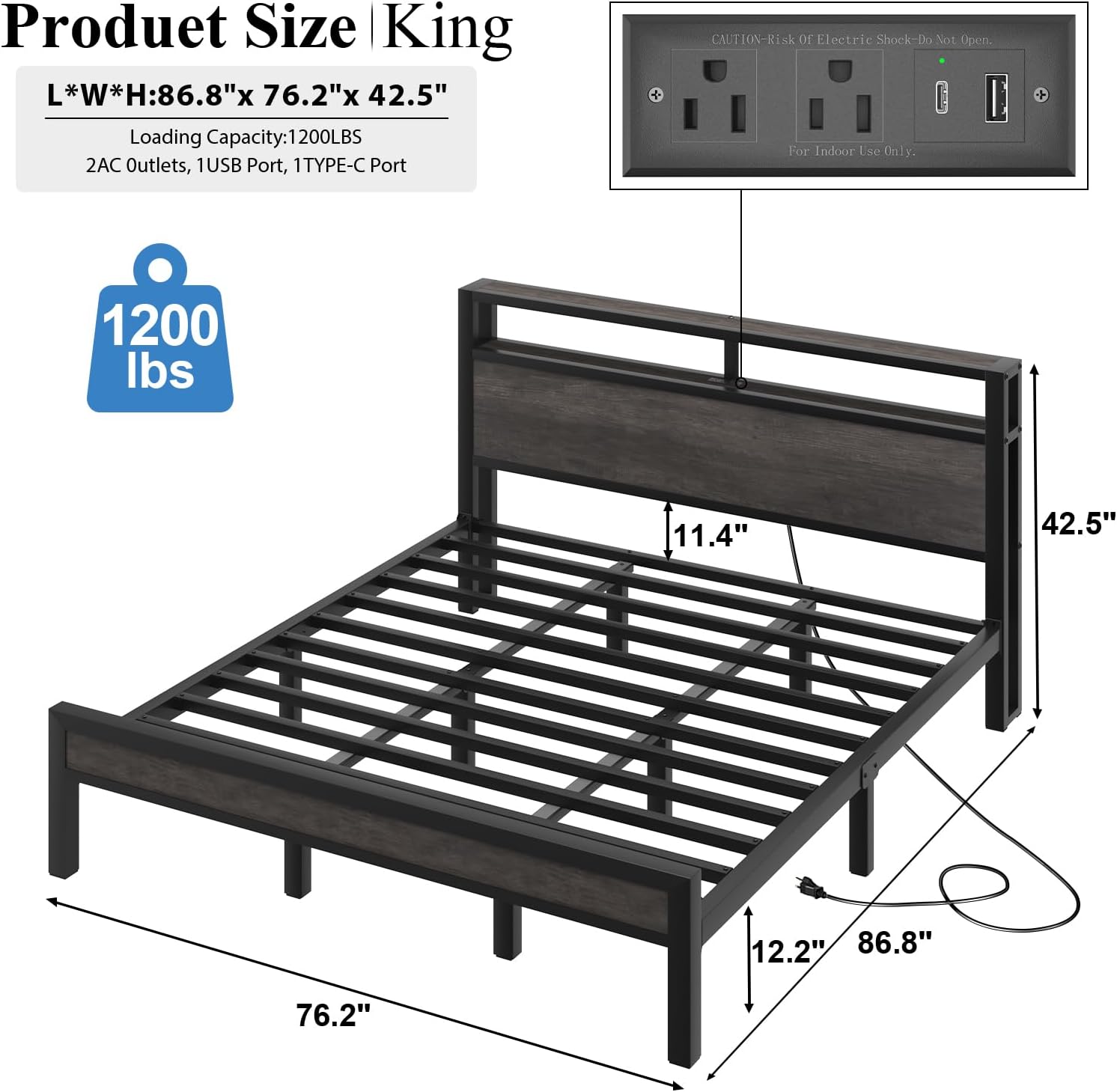 LOEWAY King Size Platform Bed with 2-Tier Storage Headboard, Metal Bed Frame with Charging Station & LED Light, Heavy Duty Metal Slats, No Box Spring Need, Noise Free, Grey