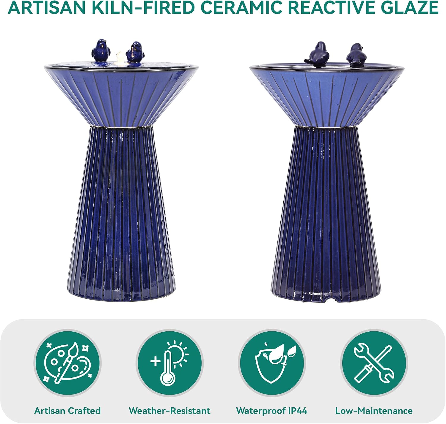 28' Tall Ceramic Outdoor Fountain and Waterfalls, Patio Fountain with LEDs, Birdbath for Outside, Soothing Water Feature for Relaxing Front Porch, Garden, Backyard, Cobalt Blue, 2KD Birds