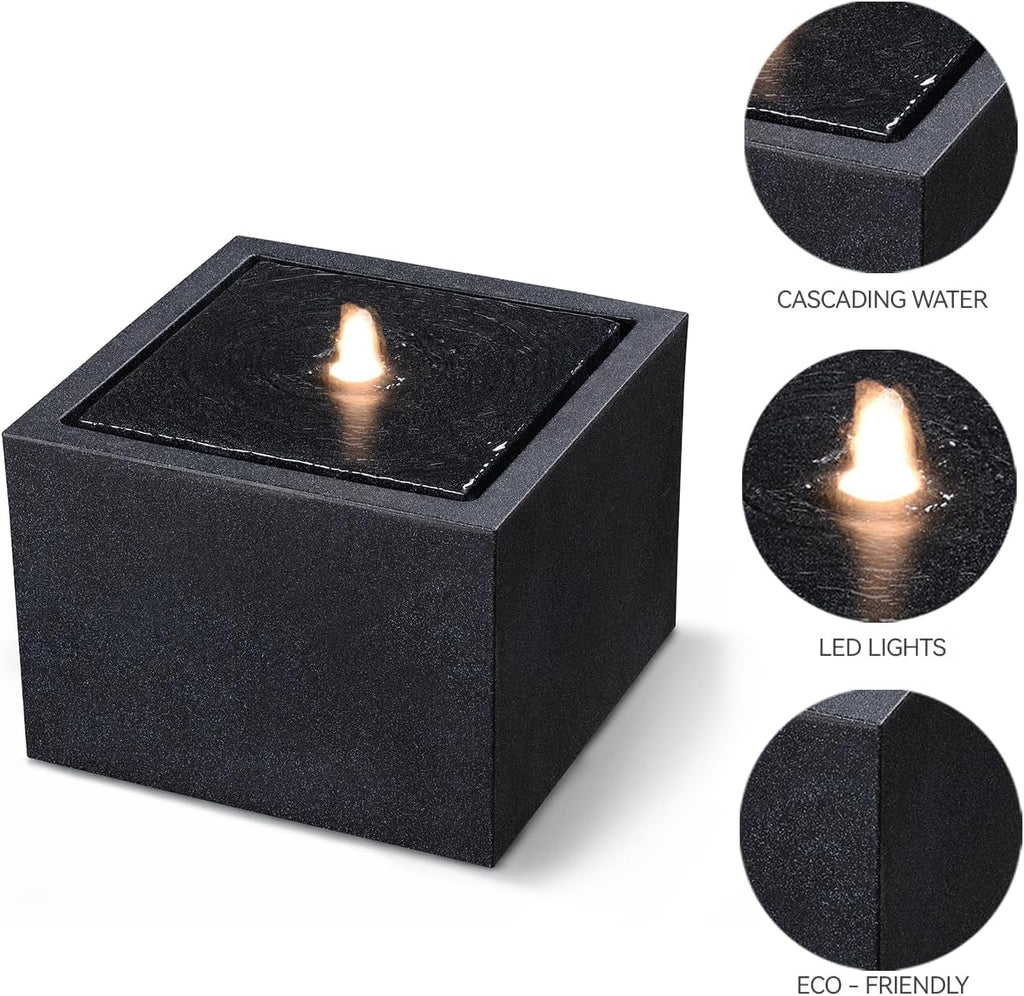 12.79' H Outdoor Water Fountain Made with Eco-Friendly Recyclable Materials, Polyethylene Square Bubbler Outdoor Fountain, Garden Decor with LED Light for Patio, Porch, Backyard