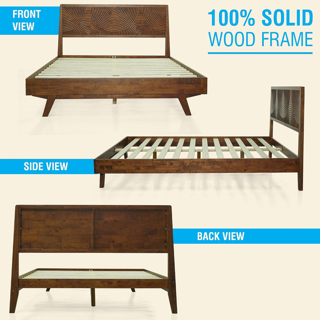 Acacia Harmony Queen Platform Bed Frame – Solid Rubber Wood, Walnut Finish, Mid-Century Style, Unique Wood Grain Pattern, 800lbs Capacity, No Box Spring Required, Easy Setup