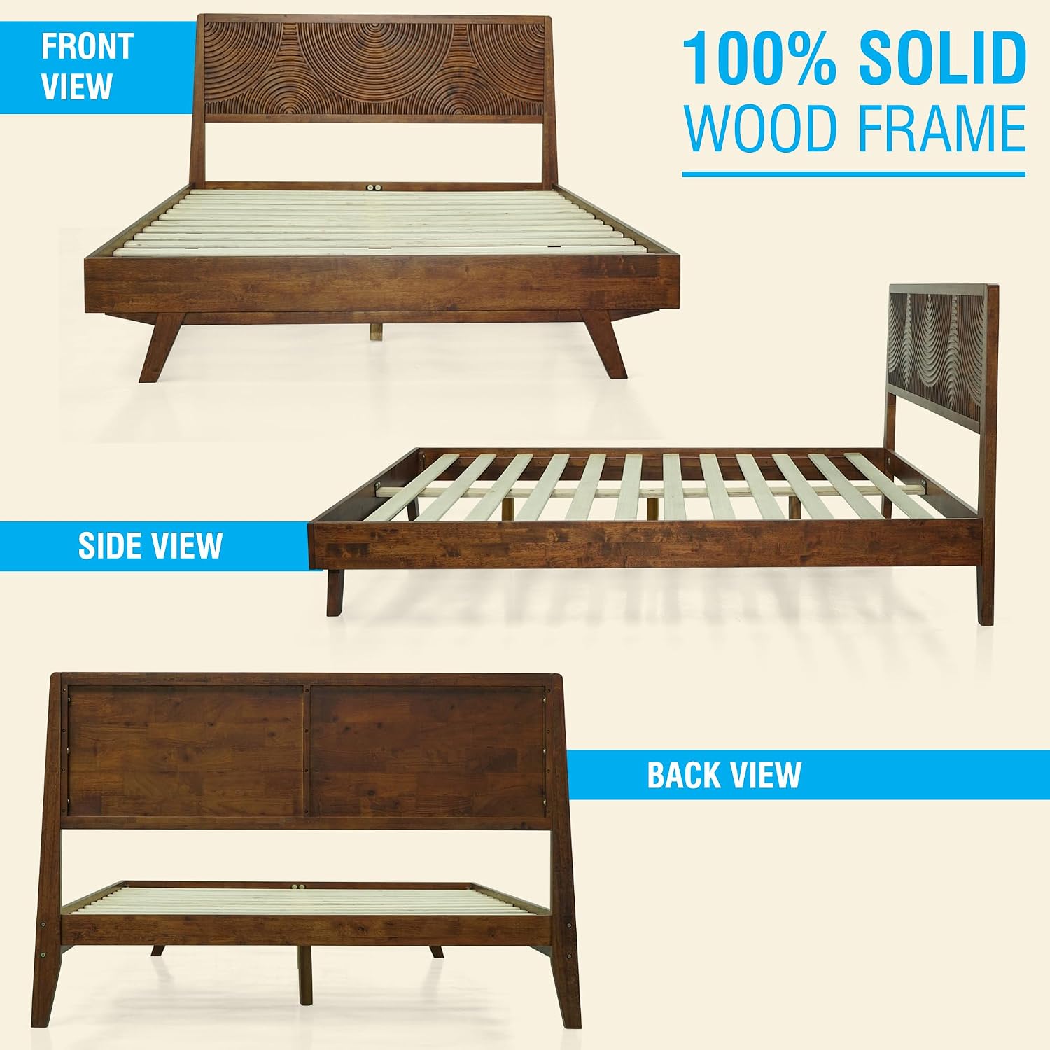 Acacia Harmony Queen Platform Bed Frame – Solid Rubber Wood, Walnut Finish, Mid-Century Style, Unique Wood Grain Pattern, 800lbs Capacity, No Box Spring Required, Easy Setup