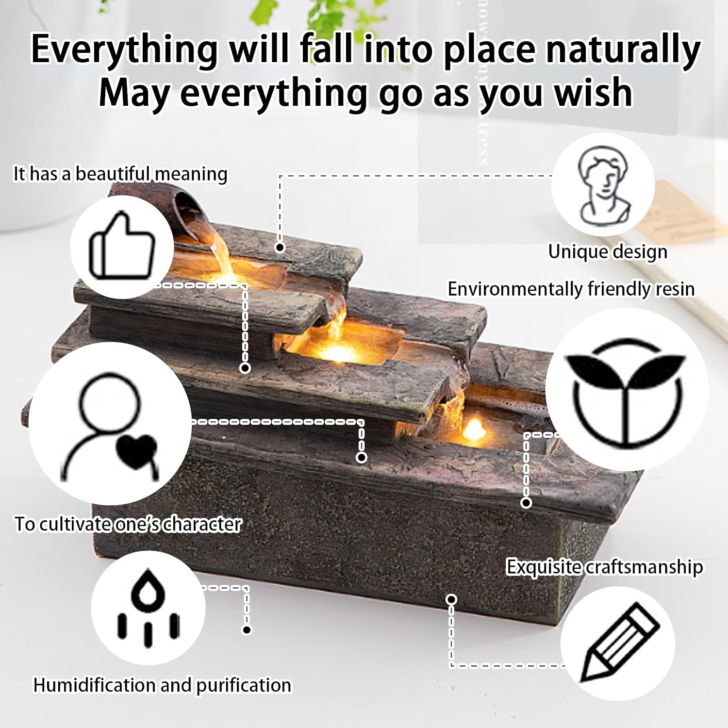 Tabletop Water Fountain, Resin, LED Light, Quiet Pump, Feng Shui, Desktop Waterfall, Cascading Feature, Zen Meditation, for Home Office Living Room Bedroom(A,10.8 * 5.5 * 6.8IN)