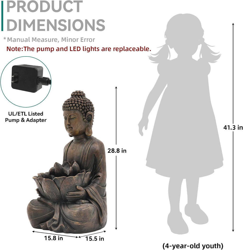 29' Outdoor Fountain, Zen Meditating Buddha Water Feature with LED Lights, Resin Lotus Soothing Cascading Waterfall for Patio, Backyard, Garden or Porch
