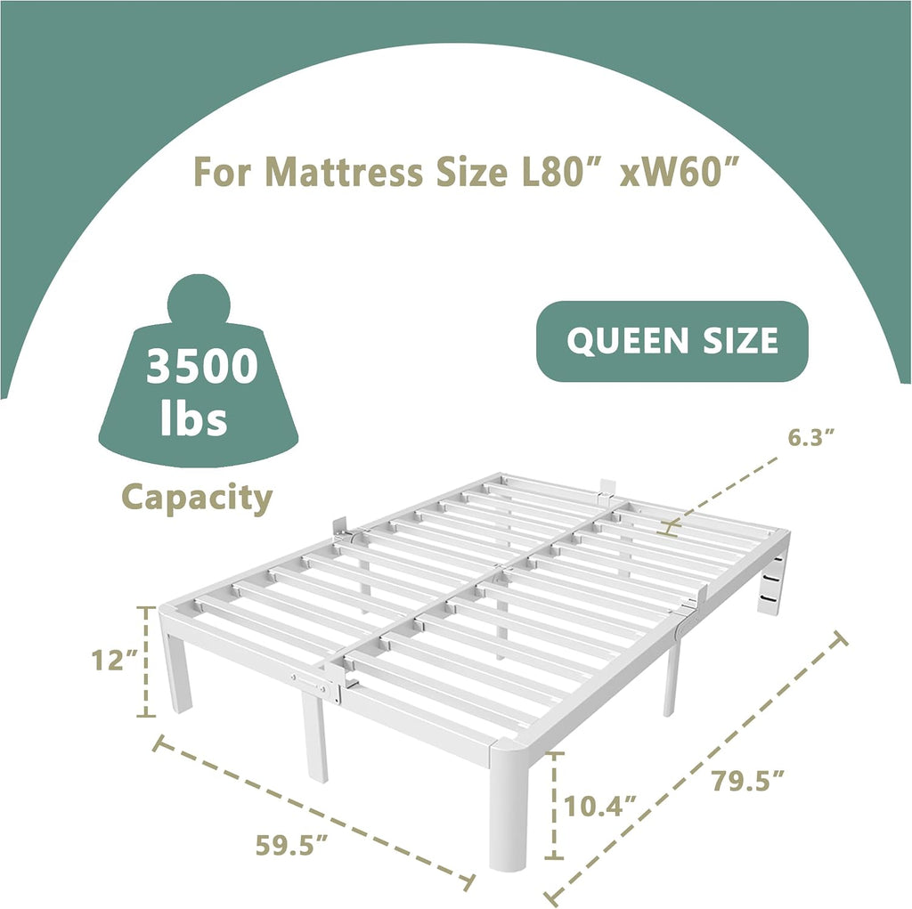 ITIMIDI 12 Inch White Queen Bed Frame, Metal Platform Bed Frame No Box Spring Needed, Heavy Duty Queen Size Bed Frame, Round Corner Legs, Easy Assembly, Under Bed Storage