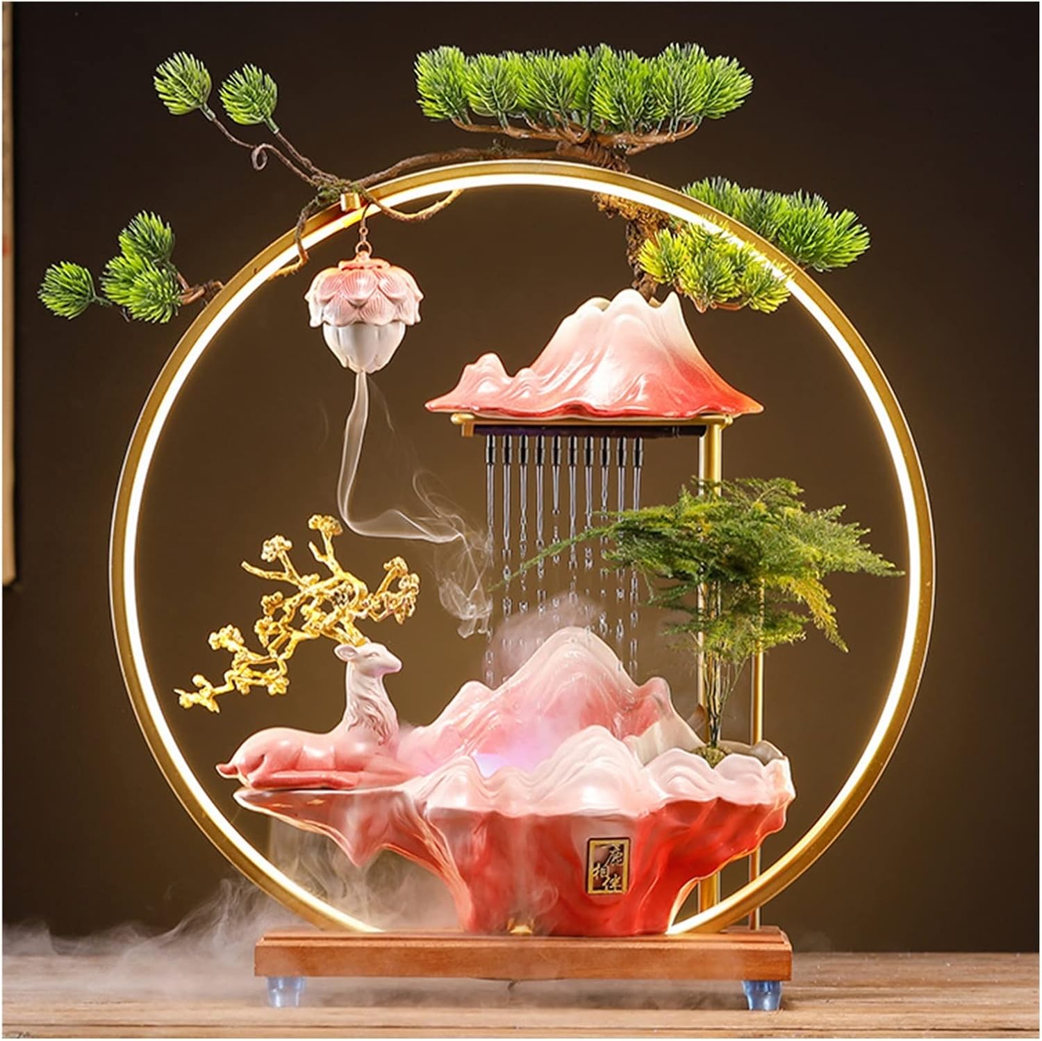 Ceramics Rockery Waterfall Indoor Mini Tabletop Water Fountain with LED Lights, Atomizing Humidifier Home Office Decorations Lucky Flowing Water Decoration (Color : Style 4)