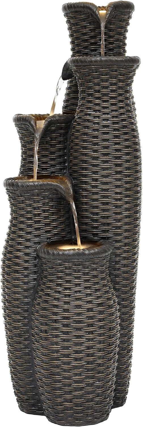 Faux Rattan Vase Water Fountain Outdoor with LED Lights, 5-Tier Polyresin Cascading Waterfall Feature, Tranquil Oasis for Garden, Patio, Yard, or Porch
