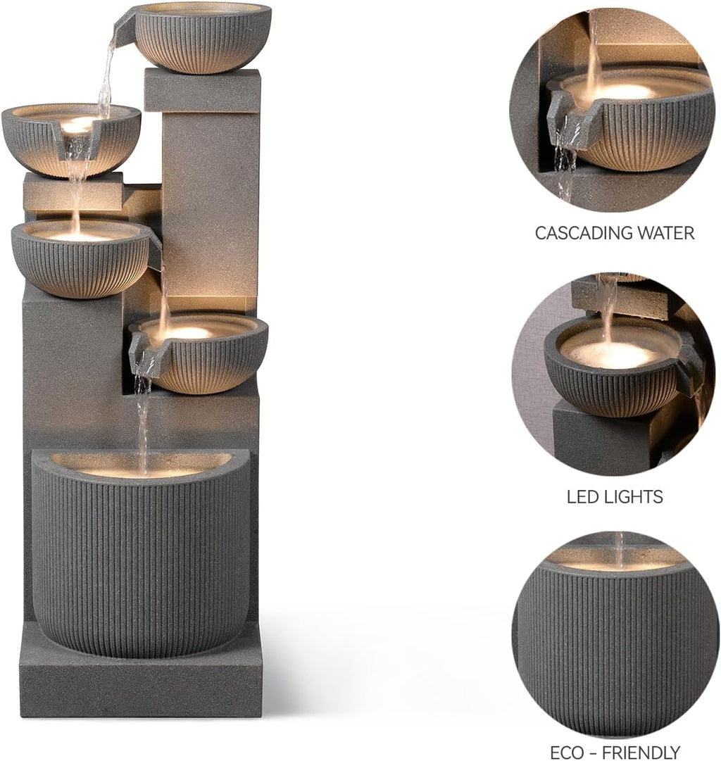 39.76' H 5-Tiers Cascading Bowls Outdoor Water Fountain Made with Eco-Friendly Recyclable Materials, Polyethylene Waterfall Fountain, Outdoor Decor with LED Lights for Patio, Backyard (39.76')