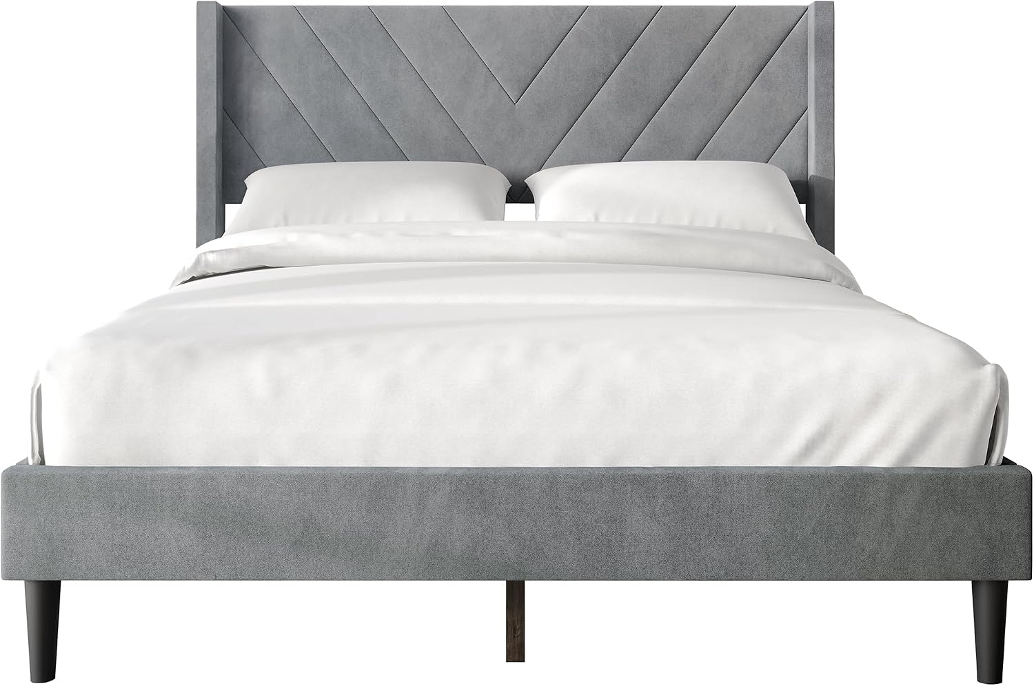 Queen Platform Bed Frame with Chevron-Stitched Wingback Headboard, Velvet Upholstery, No Box Spring Needed, Easy Assembly, Light Grey