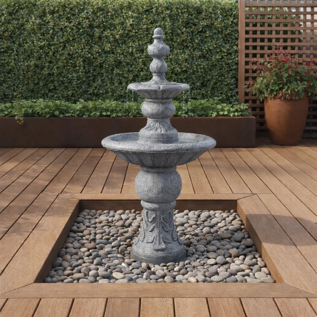 Teamson Home 52.56 in. Outdoor Two-Tier Water Fountain with Realistic ICY Stone Texture for Outdoor Living Spaces Creating a Calming Oasis for Gardens, Landscaping, Patios, Balconies, Lawns, Gray