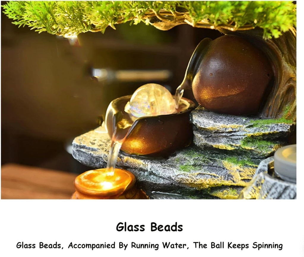 Rockery Stream Tabletop Fountain Desktop Waterfall Feature with Artificial Tree & Glass Bead Indoor Water Fountain for Home