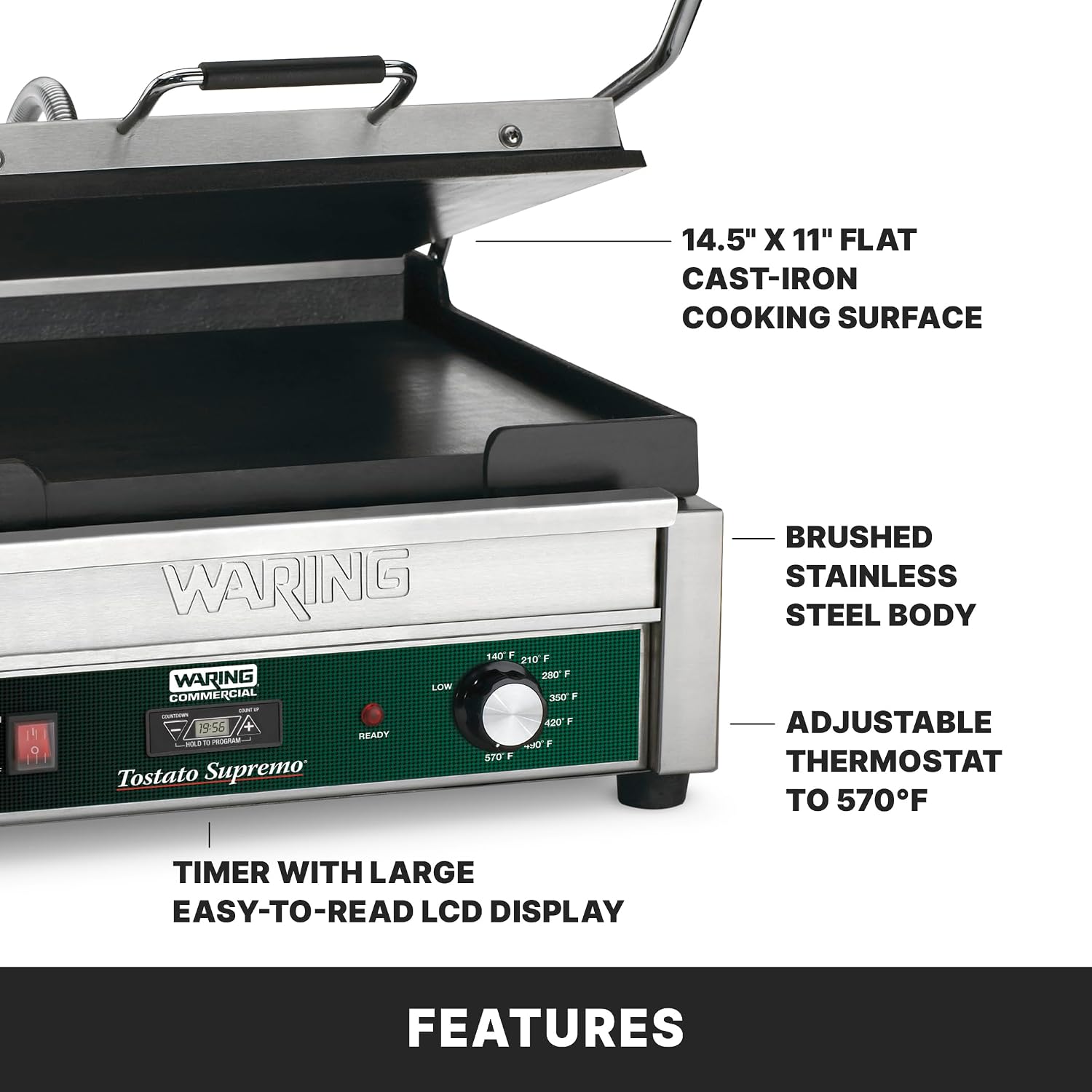 Waring Commercial Panini Press with Timer, Flat Cast Iron Plates, 14.5' x 11' Cooking Surface, 570°F Adjustable Thermostat, for Sandwiches up to 3' Thick, Professional Kitchen Grill, 120V, WFG250T