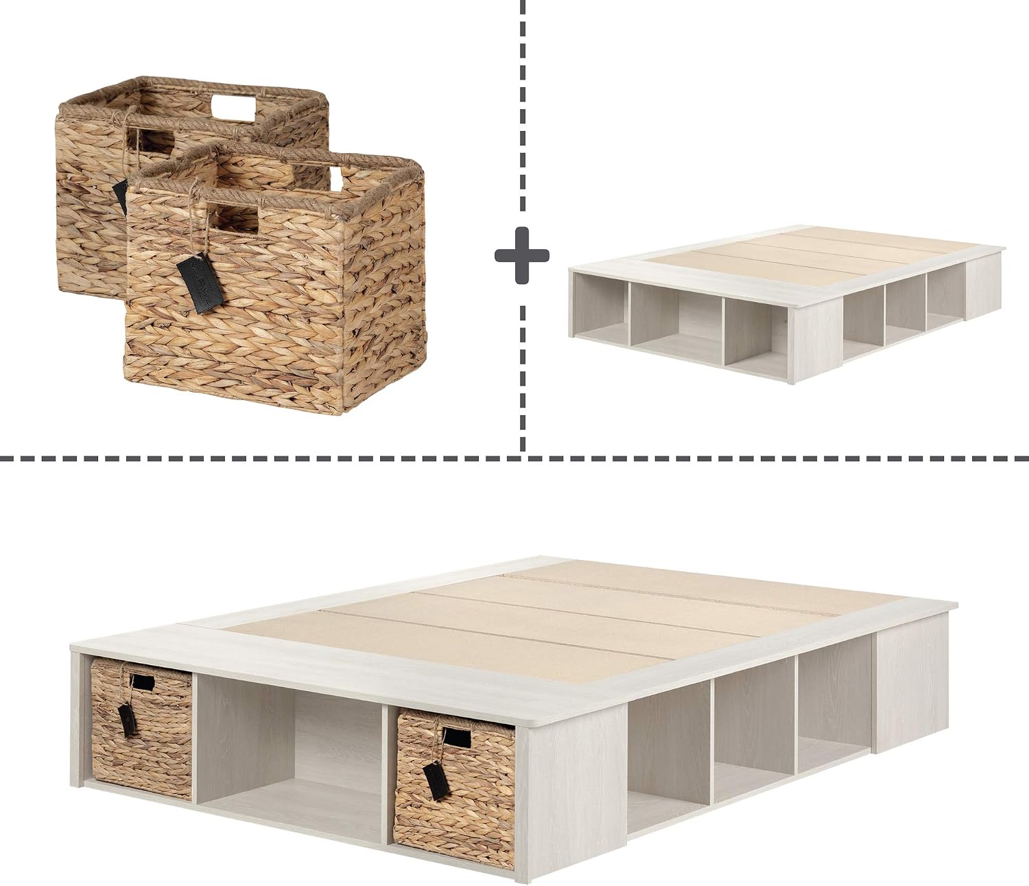 South Shore Avilla Full Storage Bed with Baskets, Double, Winter Oak and Rattan