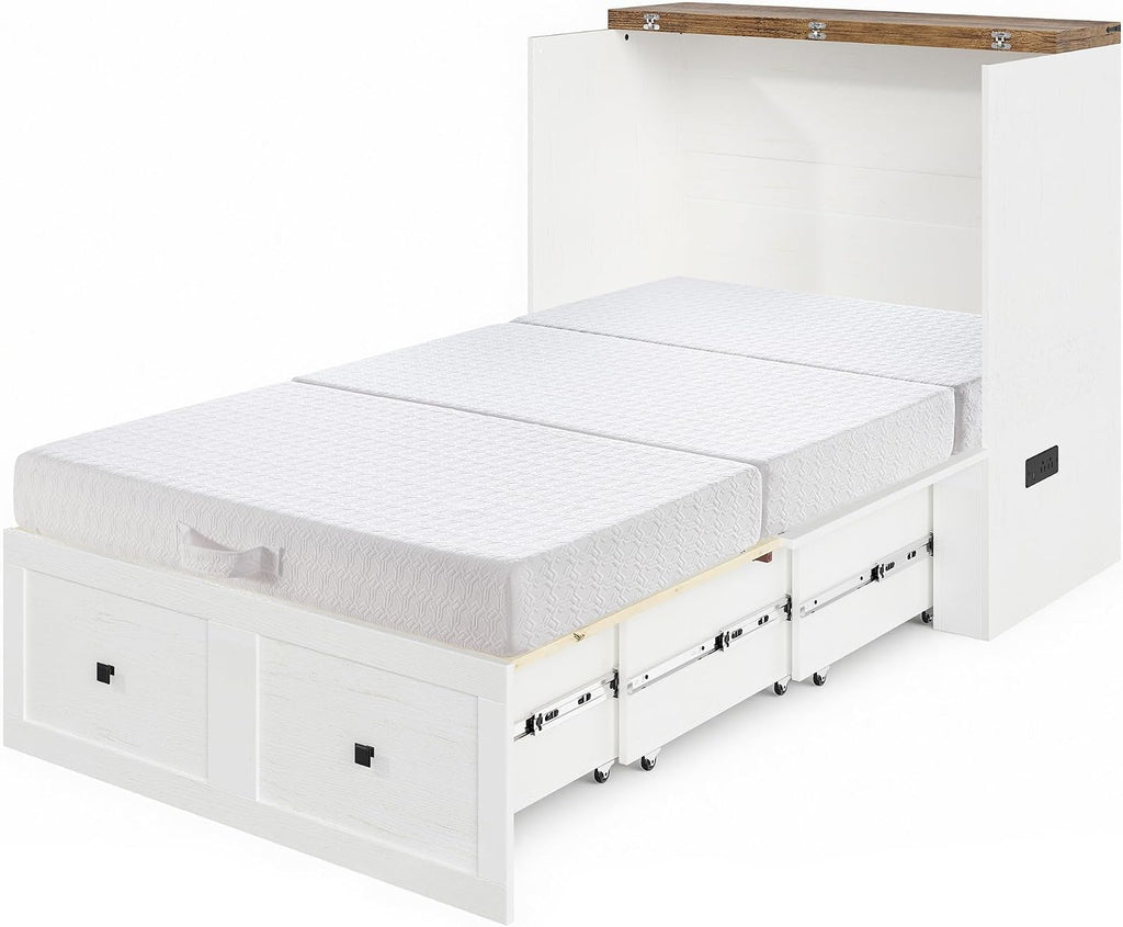 LUXOAK Twin Murphy Bed with 6' Tri-Fold Memory Foam Mattress, Storage Drawer & Charging Station, Space-Saving Design for Home Office or Guest Room, White