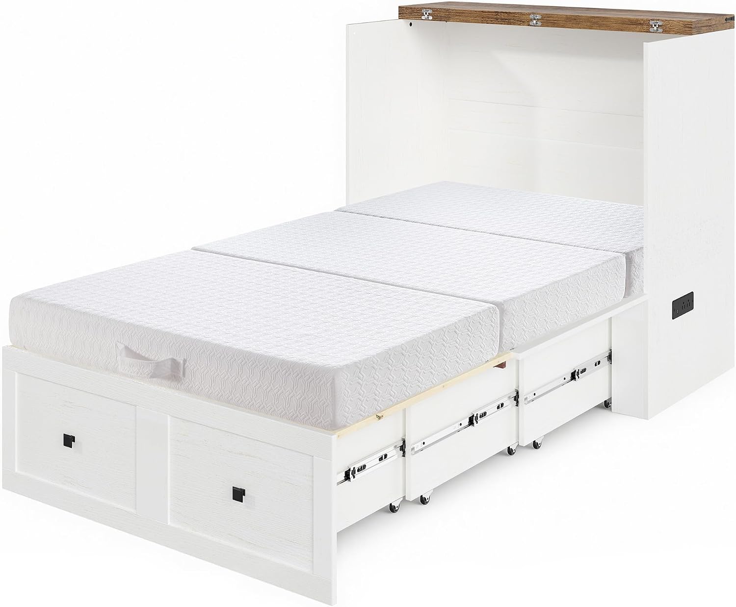 LUXOAK Twin Murphy Bed with 6' Tri-Fold Memory Foam Mattress, Storage Drawer & Charging Station, Space-Saving Design for Home Office or Guest Room, White