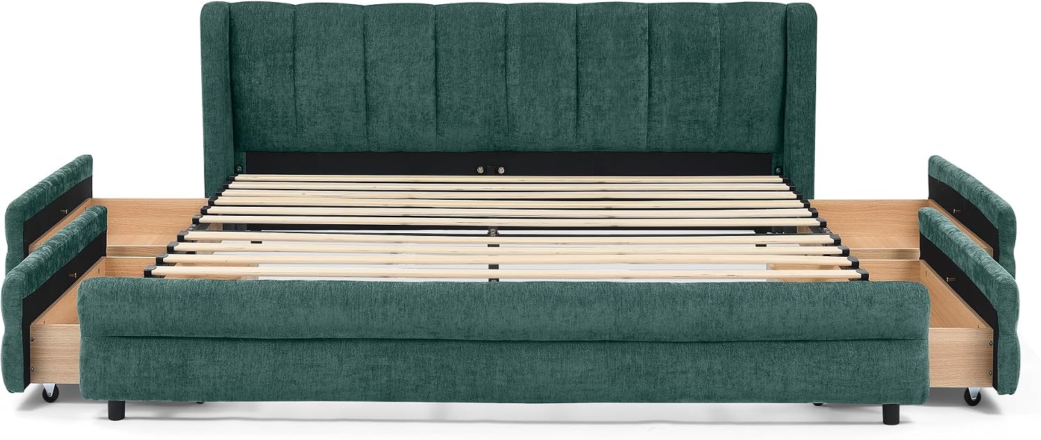 DEINPPA Queen Size Bed Frame with 4 Storage Drawers and Cloud Soft Headboard, Chenille Upholstered Grounded Wood Base Bed Frame, No Box Spring Needed-Blue+Green