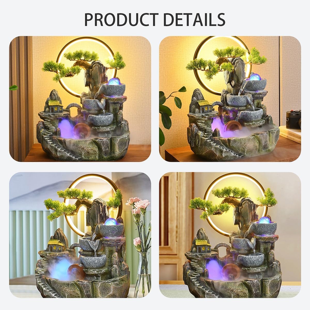 Indoor Water Fountain Tabletop Waterfall, Table Fountain, Tiered Cascade Design with LED Lights, for Home Office Bedroom Relaxation Decor(14.6x8.7x18in)