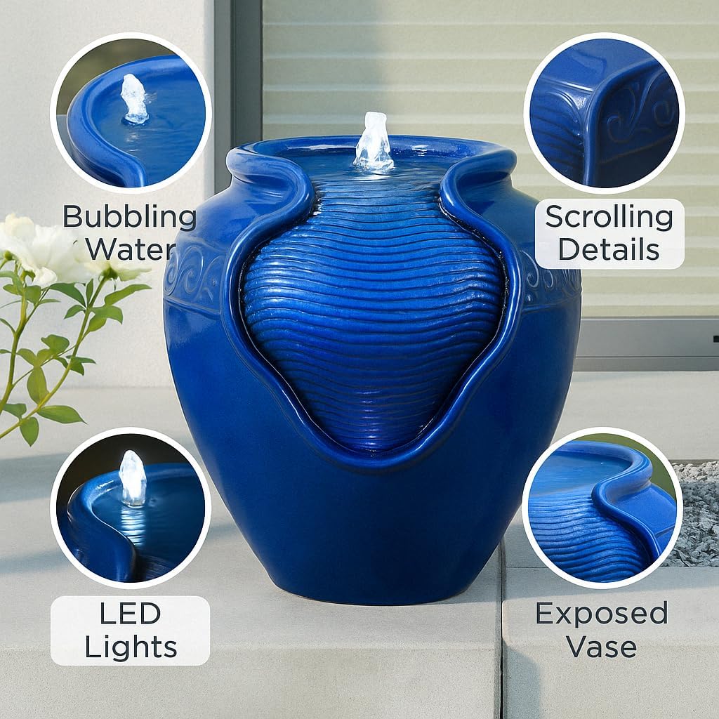 Teamson Home Outdoor Water Fountain, Glazed Pot Ceramic Look with LED Lights & Pump, Royal Blue, 16.93' Patio Garden Water Feature, Cascading Zen Fountain for Backyard, Porch, Deck, Home Decor
