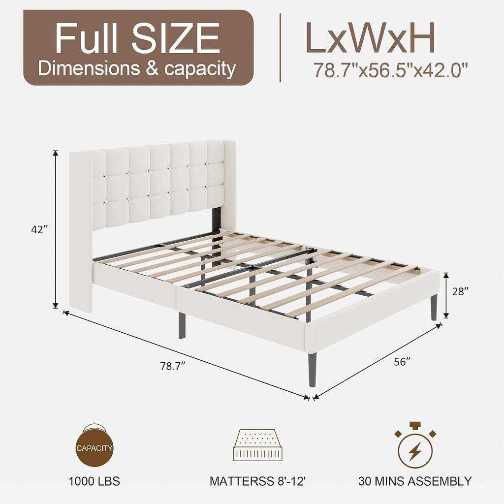 Full Size Bed Frame with Wingback Headboard, Velvet Upholstered Platform Bed Frame with Button Tufted Headboard, Wooden Slats Support, No Box Spring Needed, Noise Free, Easy Assembly, Beige
