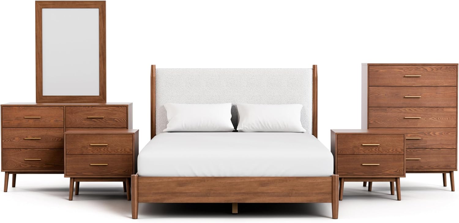 Furniture of America Wyatt Modern Solid Wood Bedroom Collection with Queen Bed Frame, Nightstands, Dresser with Mirror, Chest, No Box Spring Needed, Walnut, Boucle Platform, 6-Piece Set