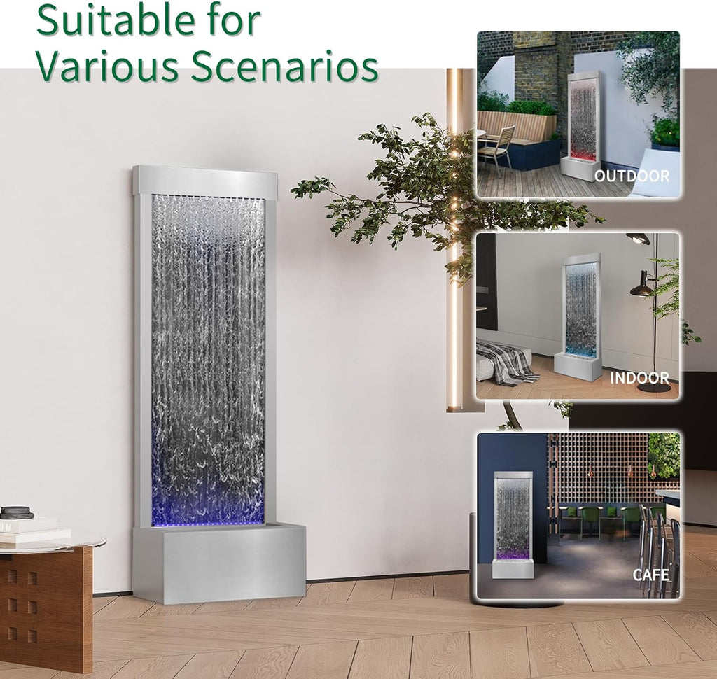 LONGRUN 48' Mirror Waterfall | Indoor Water Fountain with 7-Color LED Lights | Stainless Steel Self-Contained Waterfall Fountain for Home Decor | Large Indoor Water Feature Kit Mirrored Silver