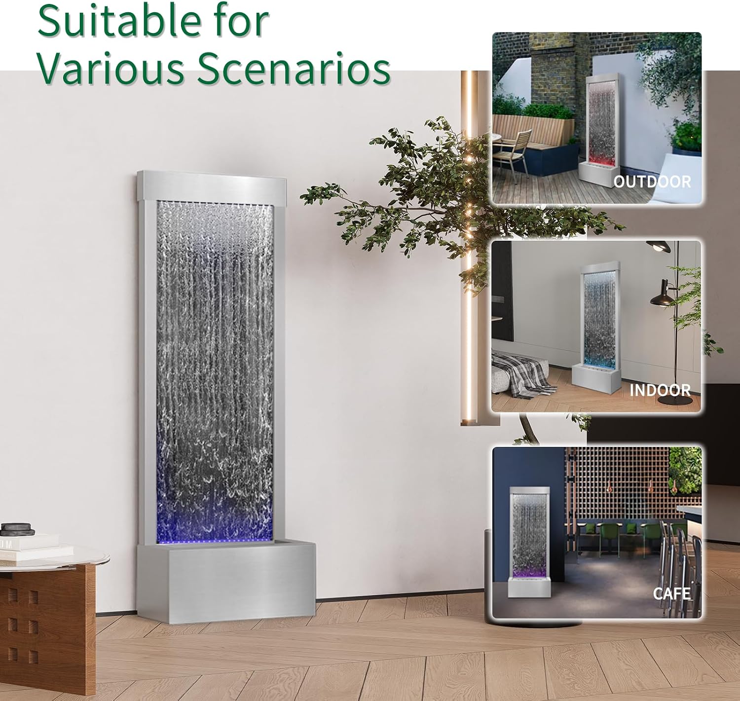 LONGRUN 48' Mirror Waterfall | Indoor Water Fountain with 7-Color LED Lights | Stainless Steel Self-Contained Waterfall Fountain for Home Decor | Large Indoor Water Feature Kit Mirrored Silver