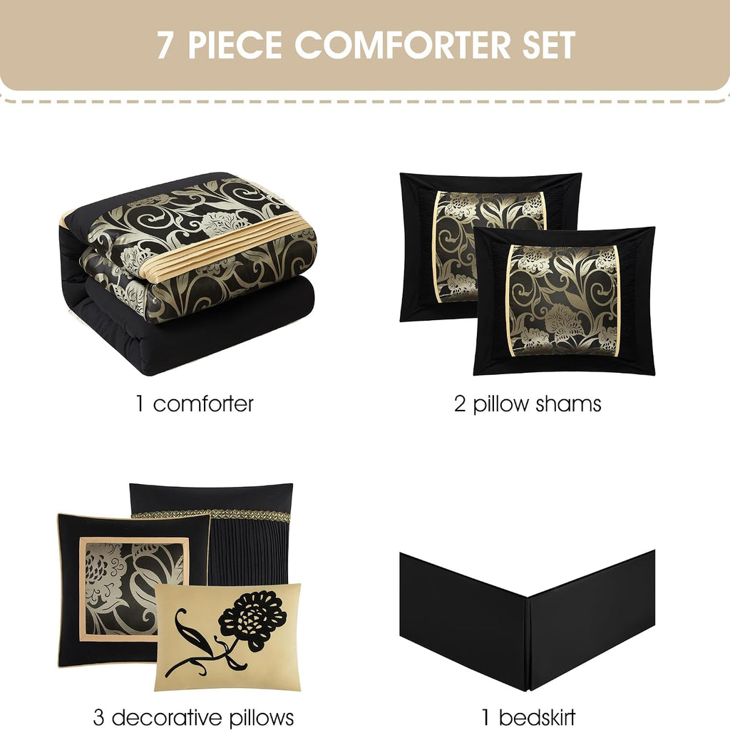 Stratford Park Jacquard 7-Piece Comforter Bedding Set, Black, Bed Size King, Floral Bedding Set, Matching Bedskirt, Pillows & Shams