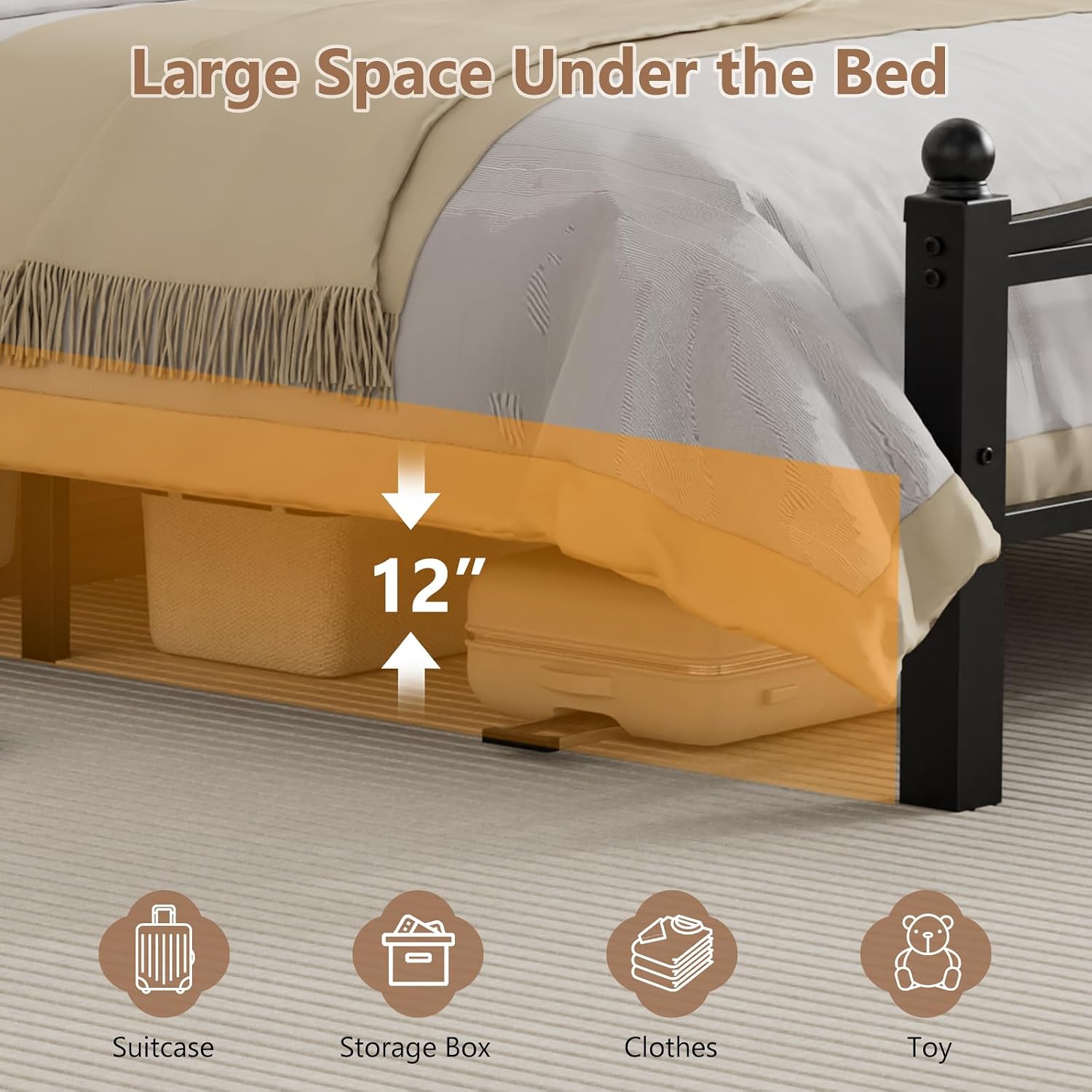 Metal Queen Bed Frame with Headboard, 1500lb No Squeak Platform, 12' Underbed Storage, Tool-Free 30-Min Assembly, No Box Spring Needed, Black