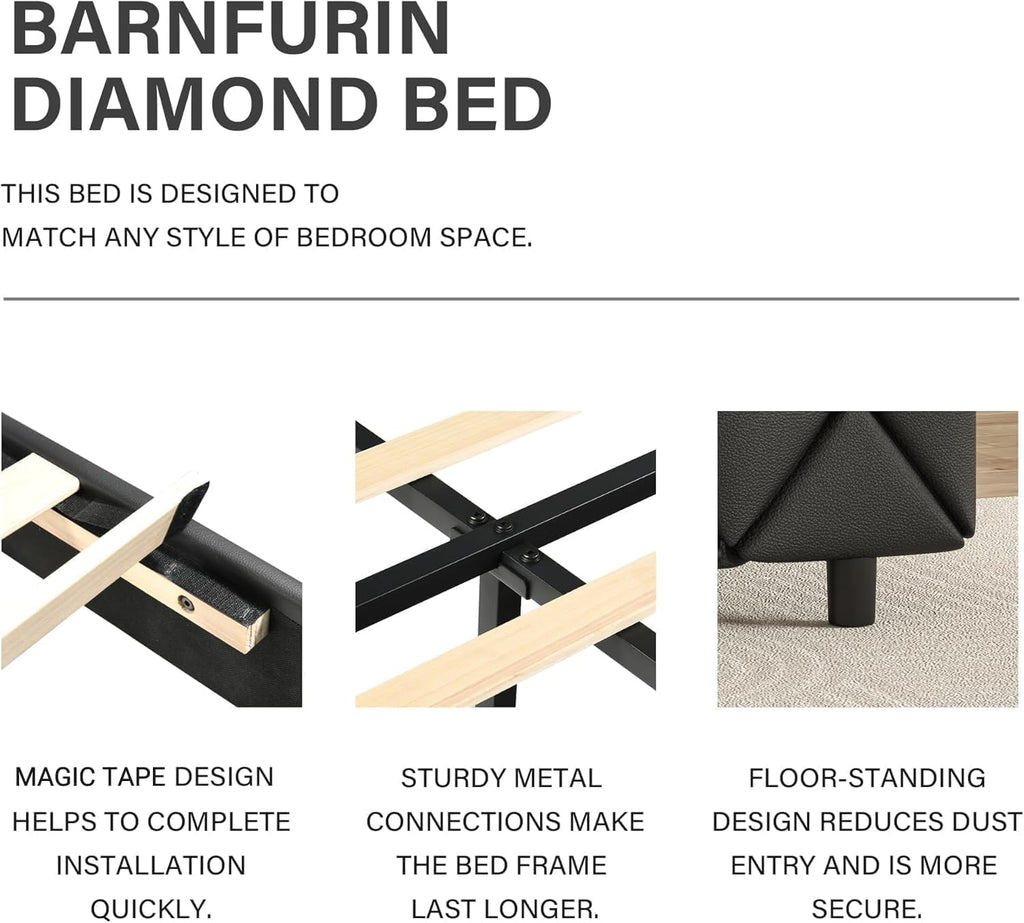 BarnFurin King Size Bed Frame and Headboard, Faux Leather Upholstered Bed with Diamond Tufted Design, Modern Platform Bed Frame with Wooden Slats Support, No Box Spring Required, Easy Assembly, Black