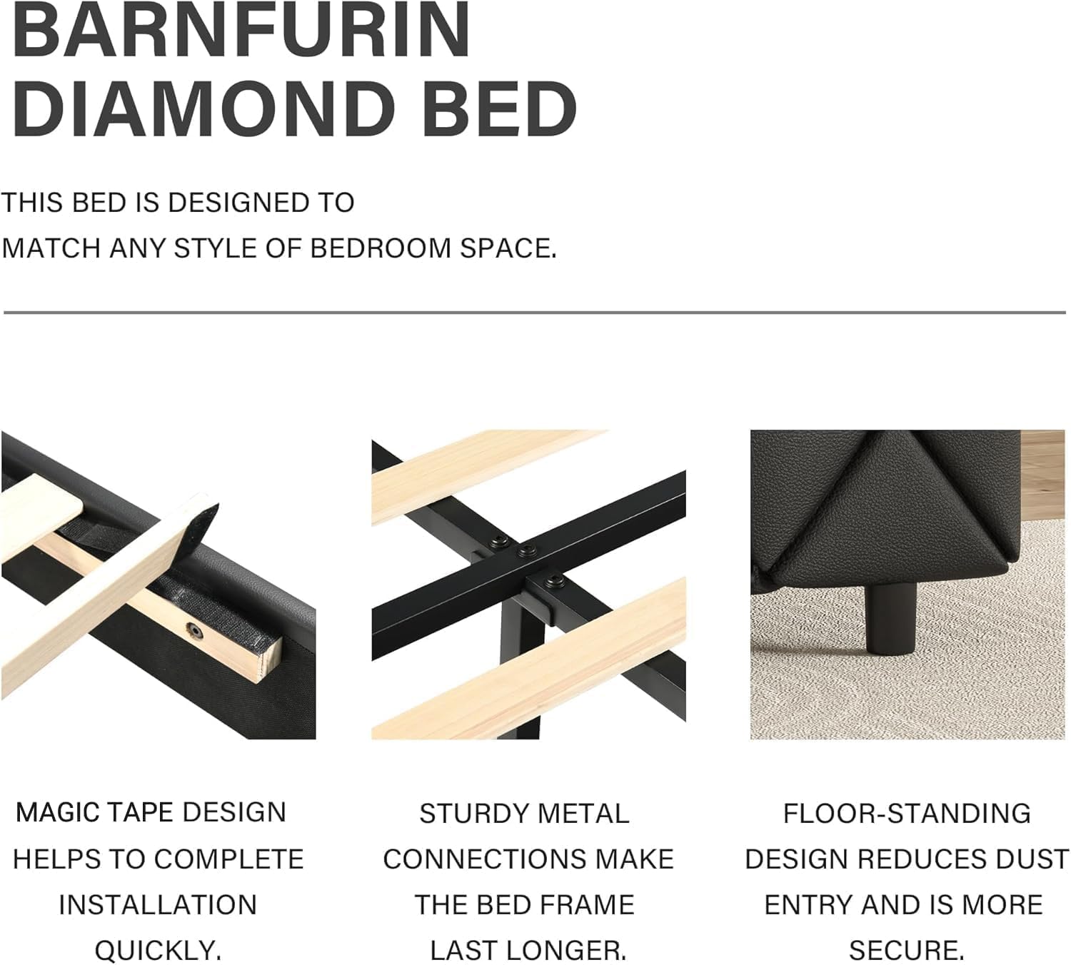 BarnFurin King Size Bed Frame and Headboard, Faux Leather Upholstered Bed with Diamond Tufted Design, Modern Platform Bed Frame with Wooden Slats Support, No Box Spring Required, Easy Assembly, Black